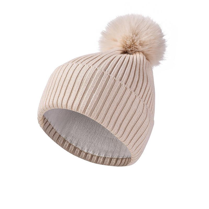 

Осенне-зимняя шерстяная шапка, теплая вязаная шапка с шерстяным помпоном бежевый