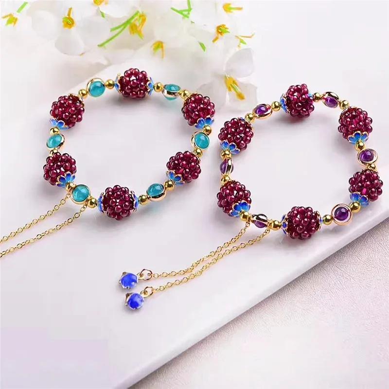 Women Summer Fashion Bohemia Cute Natural Garnet Stone Ethnic Bracelet Multi-Circle Pomegranate Crystal Charming Bracelet Gifts