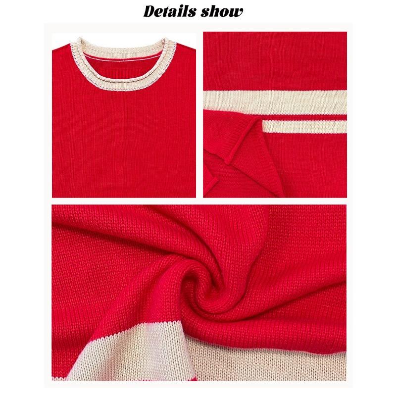 Women's Fashion Casual Fall Winter Colour Block Print Long Sleeve O-Neck Tops Women's Clothing Woolen Knitwear Sweaters