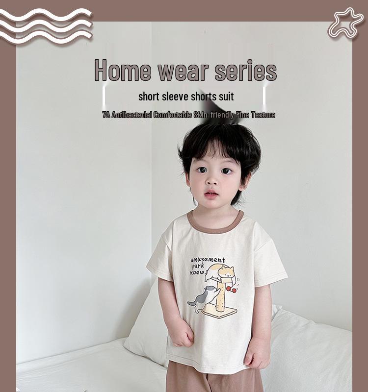 Girls' Summer Cotton Pajama Set - Breathable Cartoon Shorts and Round Neck Top