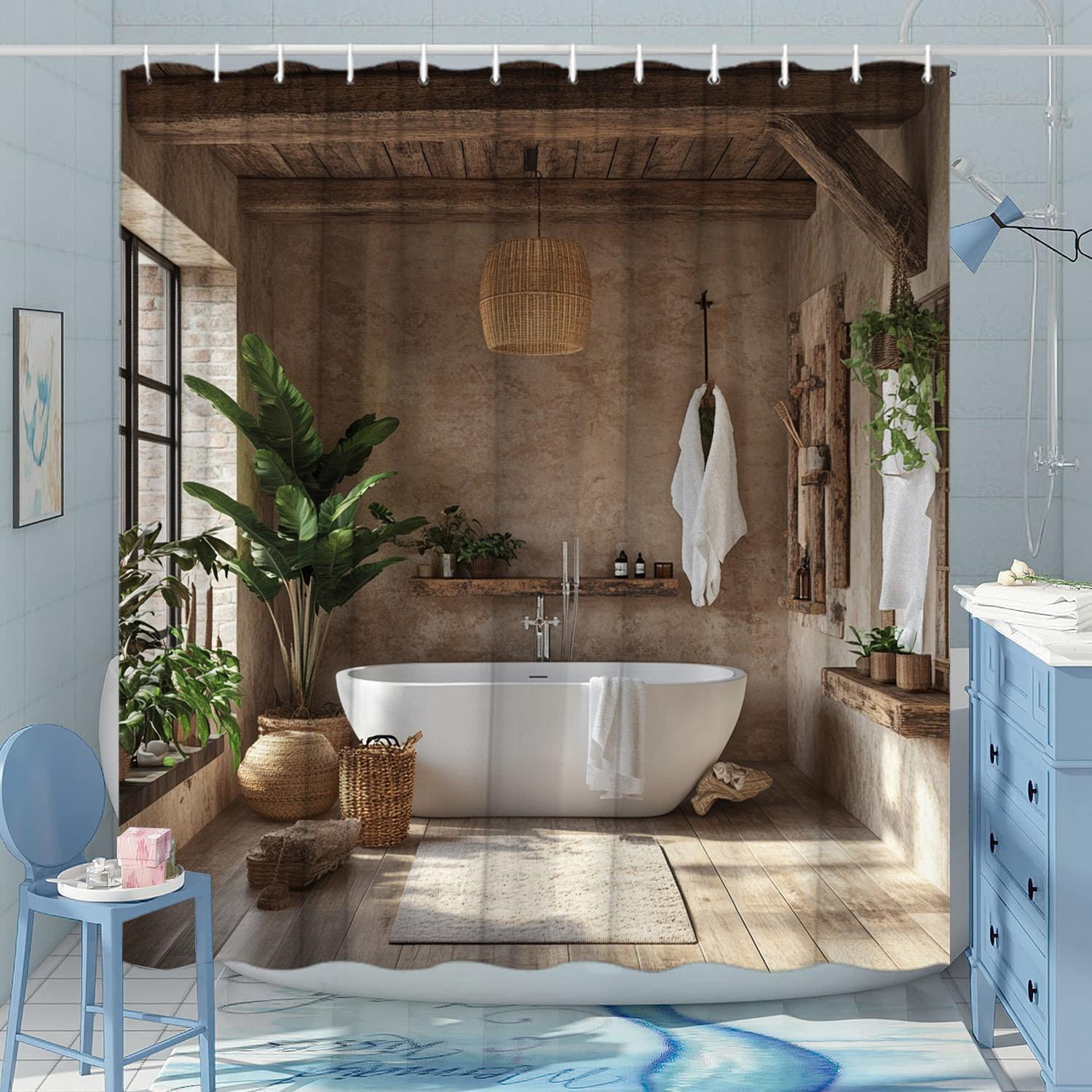 

Rustic Sunlit Bathroom Shower Curtain - Freestanding Tub, Wooden Beams, Large Potted Plants, Polyester, Serene Natural Decor W90XH180cm