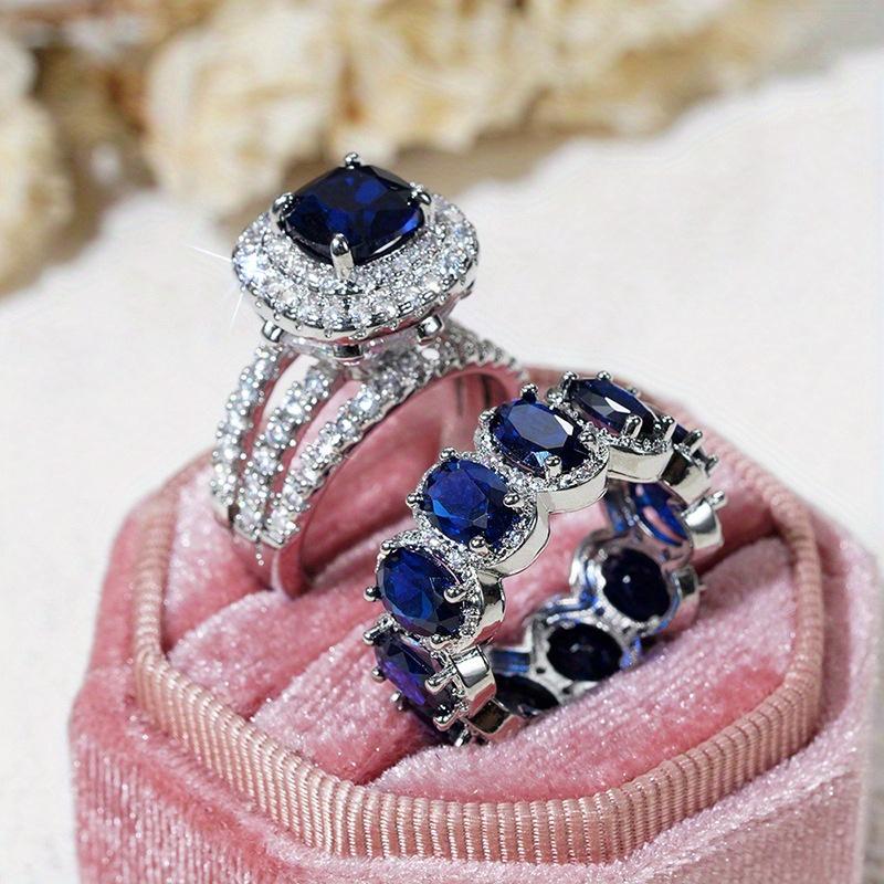 Elegant Silvery Color Blue Stone Ring Set Wedding Band Valentine's Day Jewelry