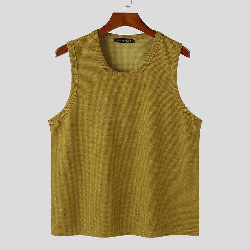 

INCERUN Мужские летние свободные майки без рукавов Повседневный однотонный вафельный жилет S жёлтый