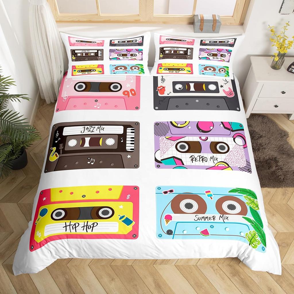 Cassette Tape Duvet Cover Twin Queen Vintage 80S 90S Memphis Comforter Cover Geometric Checkered Triangle Lightning Bedding Set