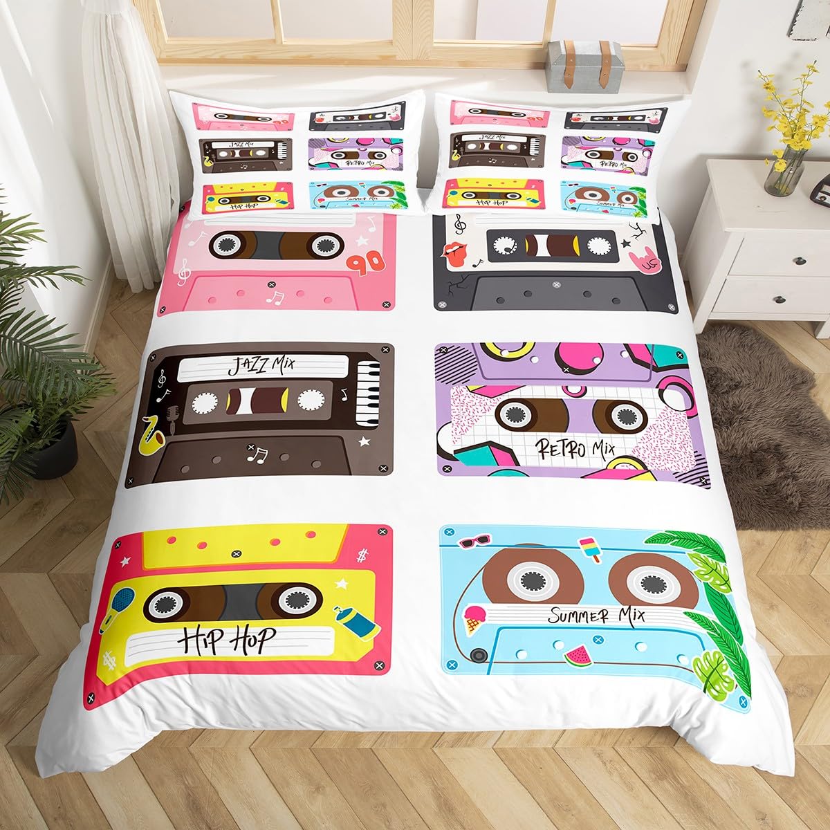 

Cassette Tape Duvet Cover Twin Queen Vintage 80s 90s Memphis Comforter Cover Geometric Checkered Triangle Lightning Bedding Set EU Single(135x200cm)
