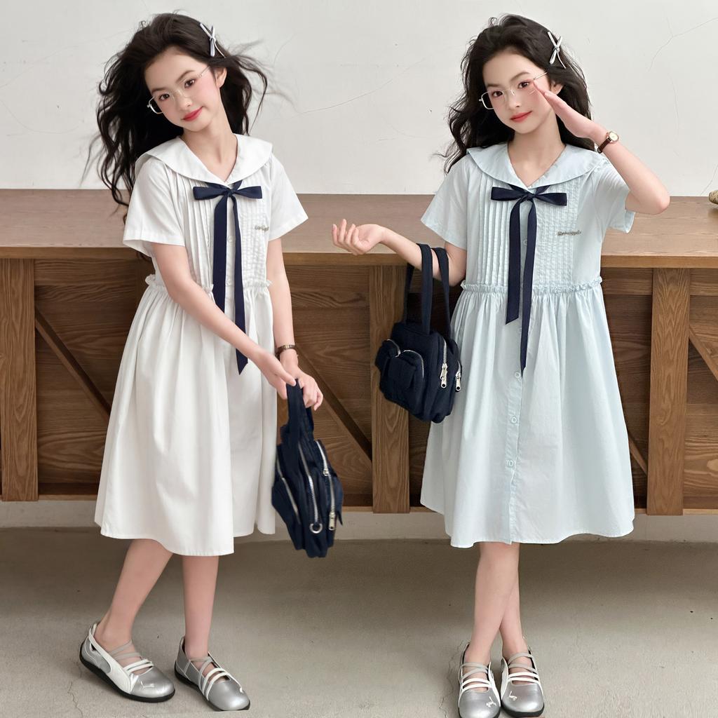 Girls' Korean version college style summer dress, new summer children's stylish navy collar bow dress