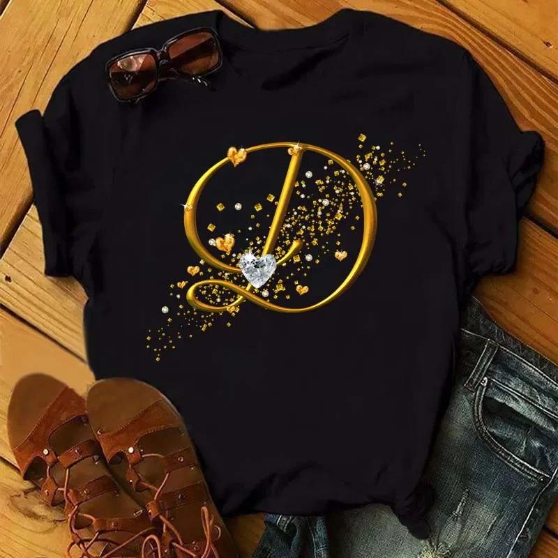 A letter combination Tshirt with a custom name suitable for short sleeved women's clothing with gold diamond letter font ABCDEF