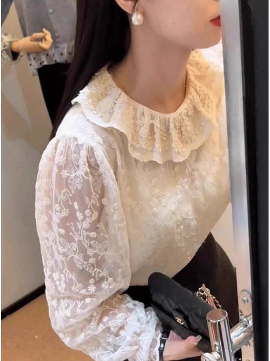 

Women s High-End Lace Ruffle Collar Shirt, Autumn/Winter, Lantern Sleeves, Loose Fit, Versatile Slimming Base Layer Top M (100-115 Jin recommendation) белый