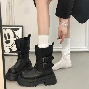 Thick-soled black motorcycle boots women's autumn retro handsome and thin short boots medium tube Martin boots