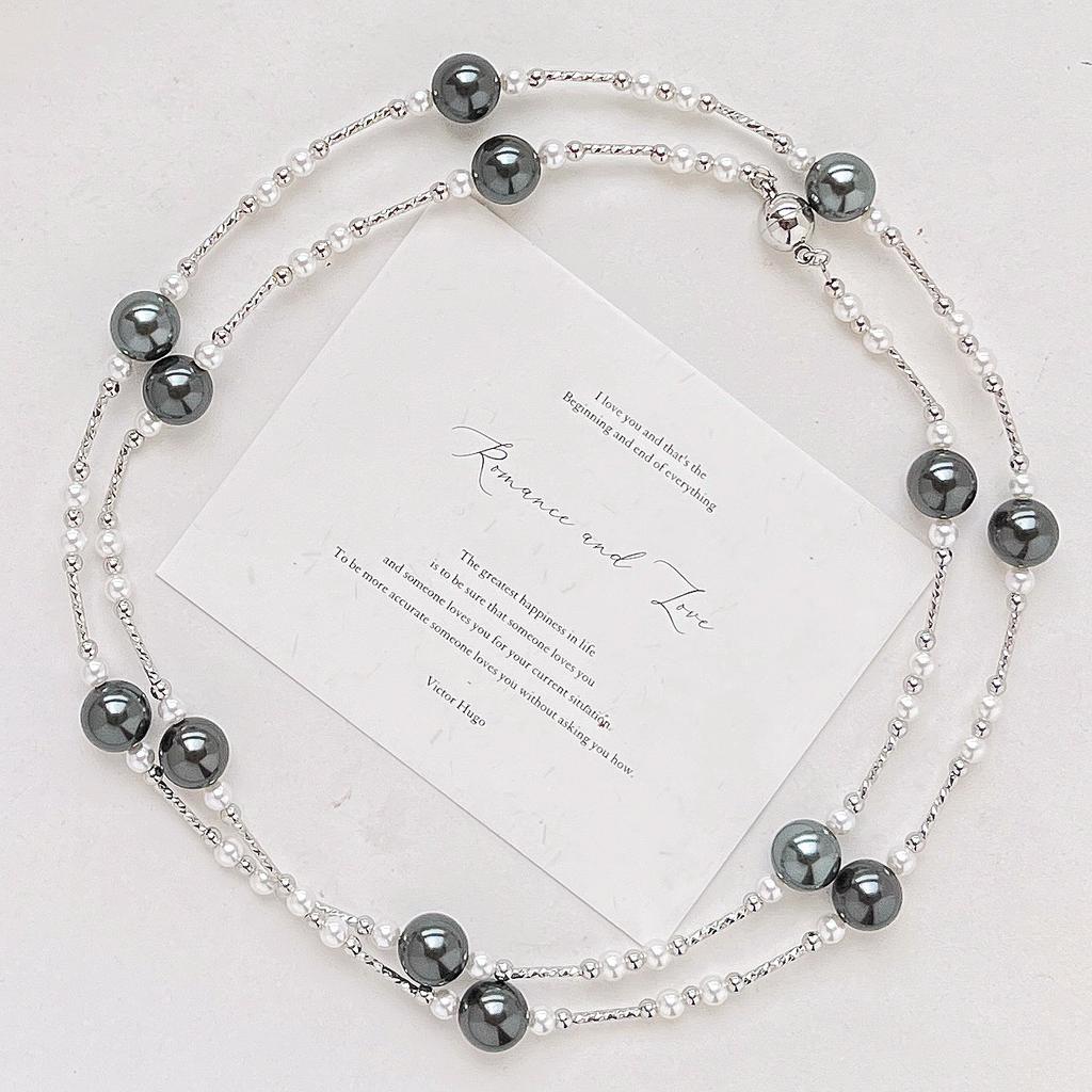 Wind High Quality Mixed Color Cool Black and White Shijia Pearls Maillard Style Necklace Collarbone Chain Necklace Sweater Chain