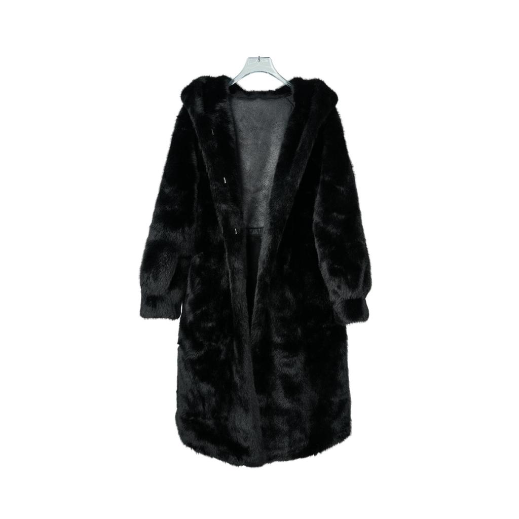 Women's Winter Faux Velvet Golden Mink Fur Long Coat with Hood