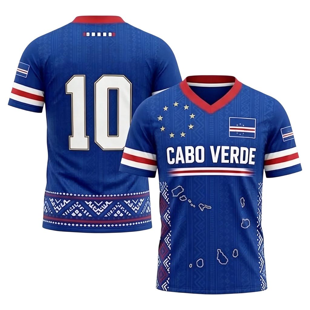 Unisex Sports Jersey Cabo Verde Football Supporter Shirt V Neck Short Sleeve Athletic Top for Fans and Players