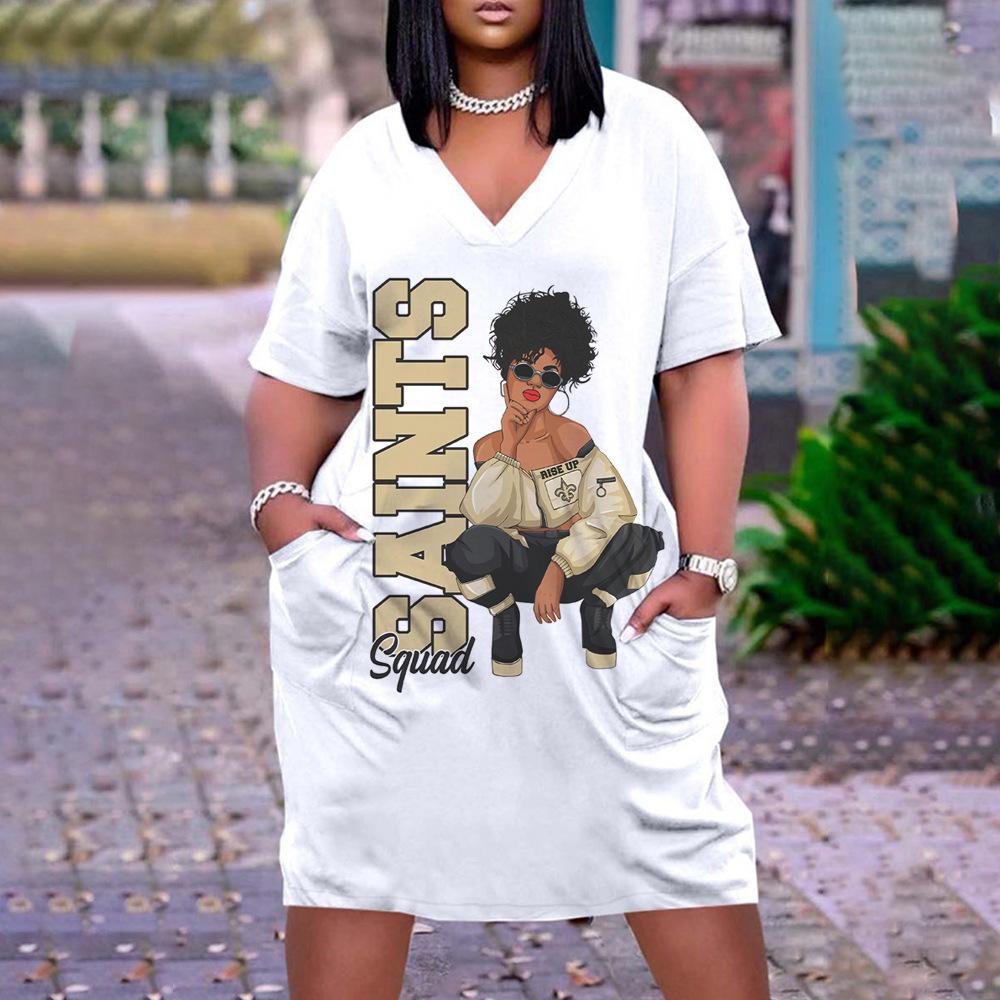 2026 digital printing cross-border temperament commuter skirt pullover V-neck dress