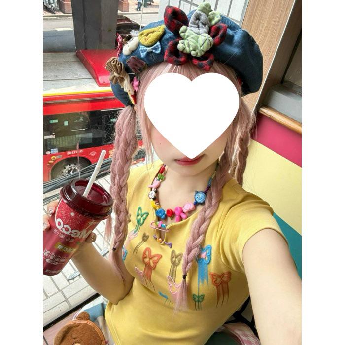 

210g Women s Slim Fit V-neck Short Sleeve T-shirt - Butterfly Print, Pure Cotton, Straight Shoulder, Dopamine Colors S жовтий