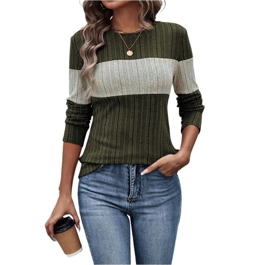 Women's Fashionable Round Neck Long Sleeved Color Blocked Loose Casual Pullover Top