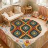 Retro Ethnic Rhombus Geometric Round Rug Warm Toned Aztec Tribal Pattern Non Slip Soft Carpet Playroom Living Room Decor