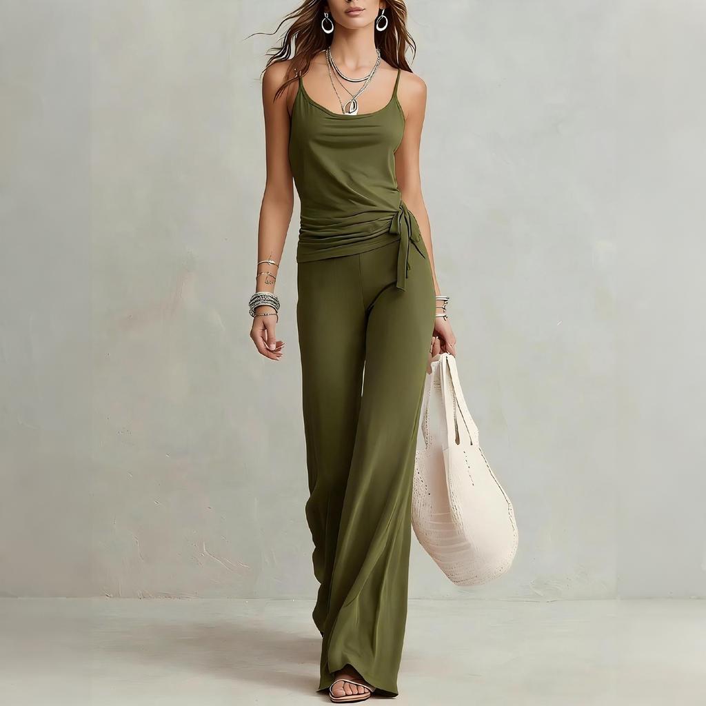 Women Casual Two Piece Set Sleeveless Tank Top with High Waist Wide Leg Pants Lounge Wear Summer Outfit