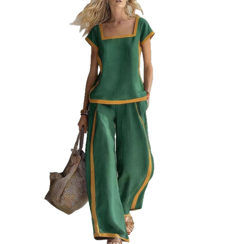European & American Summer Color Block Wide-Leg Pantsuit - Women's Casual Fashion Two-Piece Set