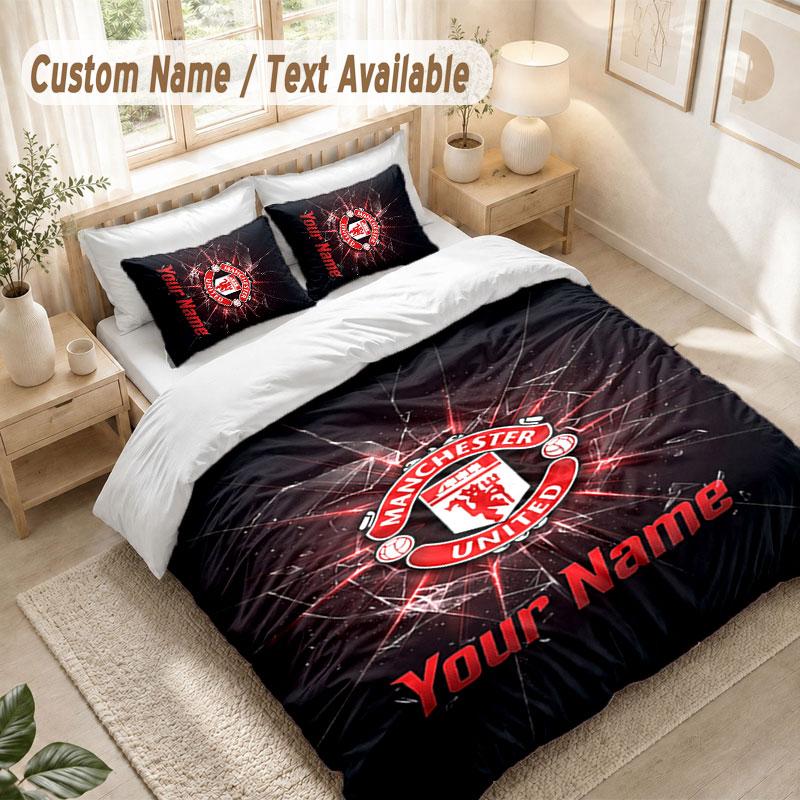 Custom Name Bedding Set 3 PiecesManchester United Print Duvet Cover + 2 Pillowcases Soft Bed Decor