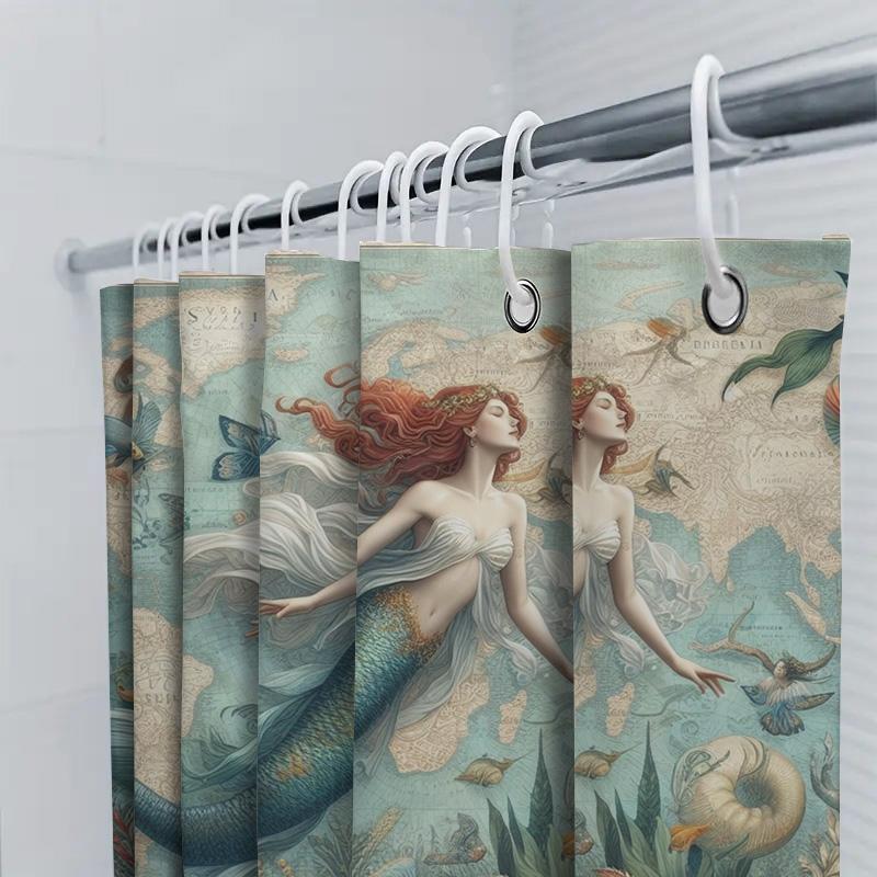 Unterwasser Meerjungfrau Duschvorhang Ozean Marine Dekorativer Stoff Kundenspezifisch bedruckt für Zuhause Badezimmer Wasserdicht Leinen Wasserdicht B