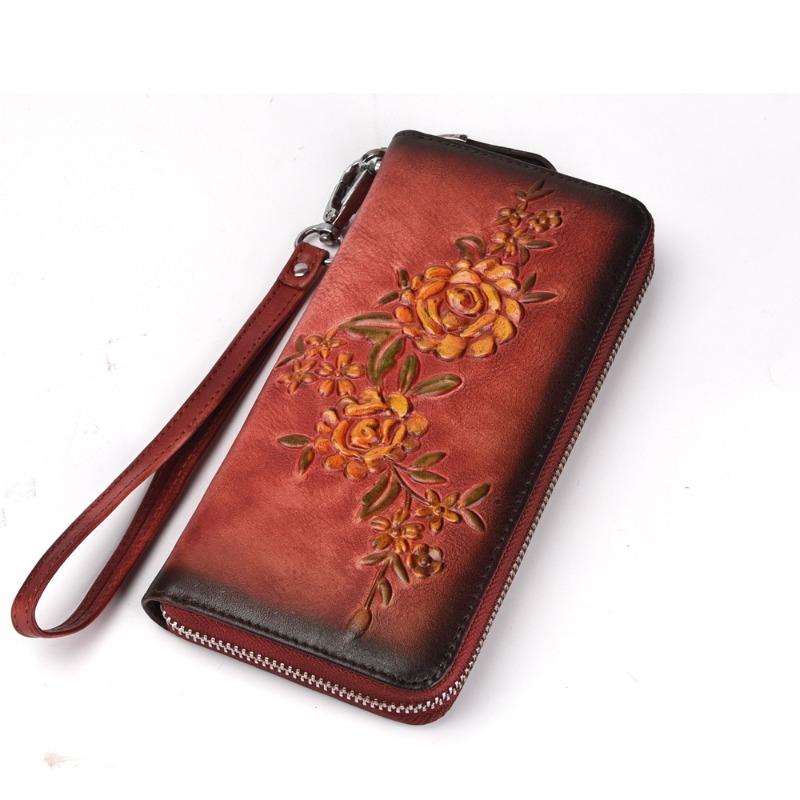 European and American Fashion Retro Tree High Leather Zipper Bag, Genuine Leather Top Layer Cowhide, Hand Polished Casual Handbag, Fashionable Wallet