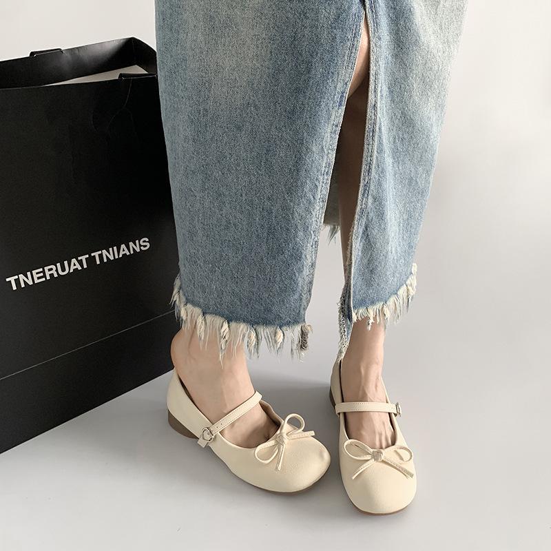 Damen Mary Jane Ballerinas Schleifen-Dekor Weiche Sohle Ballett-Schuhe Bequemer Schnallenriemen Freizeitschuhe