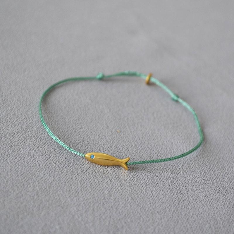 Minimalist Style Gold Fish Charm Bracelet Blue Silk Thread Woven Bracelet Adjustable Wristband Statement Jewelry
