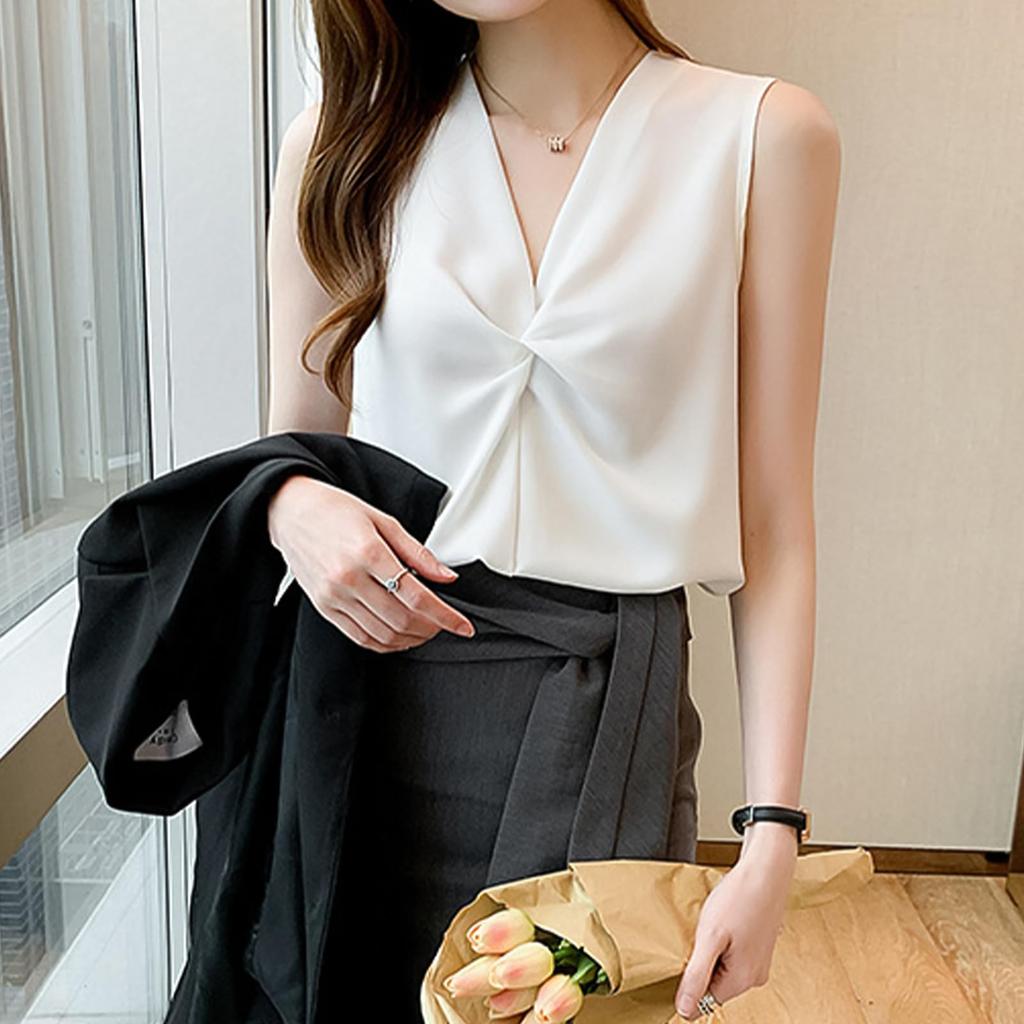 Blouses for Sleeveless Cut and Tank Summer Loose Office Cool To the Cool [SeiunAn] Women, Shirts, Tops, Summer, Chiffon, V-neck, Sewn, Neat, Top,