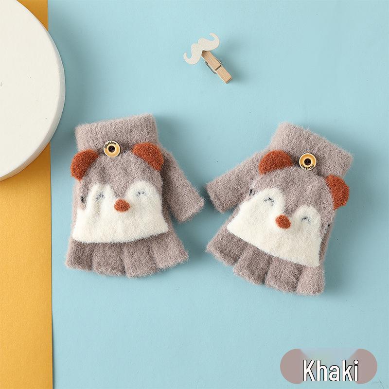 

Детские плюшевые мультяшные вязаные перчатки без пальцев с откидным верхом для осени/зимы One Size хаки