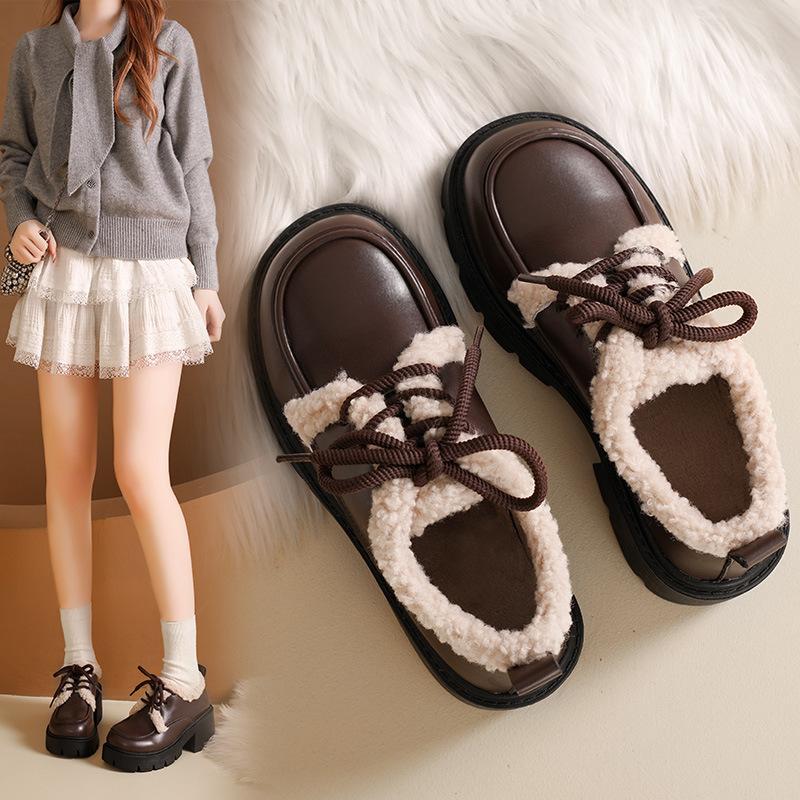Loafers platform-soled velvet single shoes women's 2025 autumn and winter new fluffy shoes thick heel cotton shoes warm lace-up small leather shoes