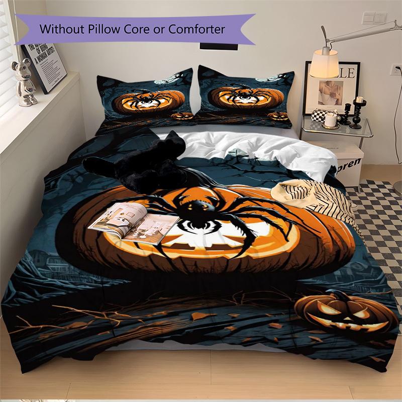 3pcs Spider-themed Jack-o'-lantern Duvet Cover Set - Includes 1 Duvet Cover and 2 Pillowcases, No Quilt Core, All-Season Home Decor Yy251111019