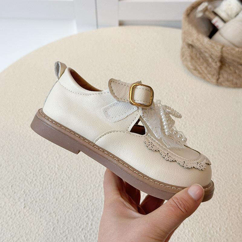 Girls' 2025 Autumn Leather Princess Shoes - Black Bow Mesh