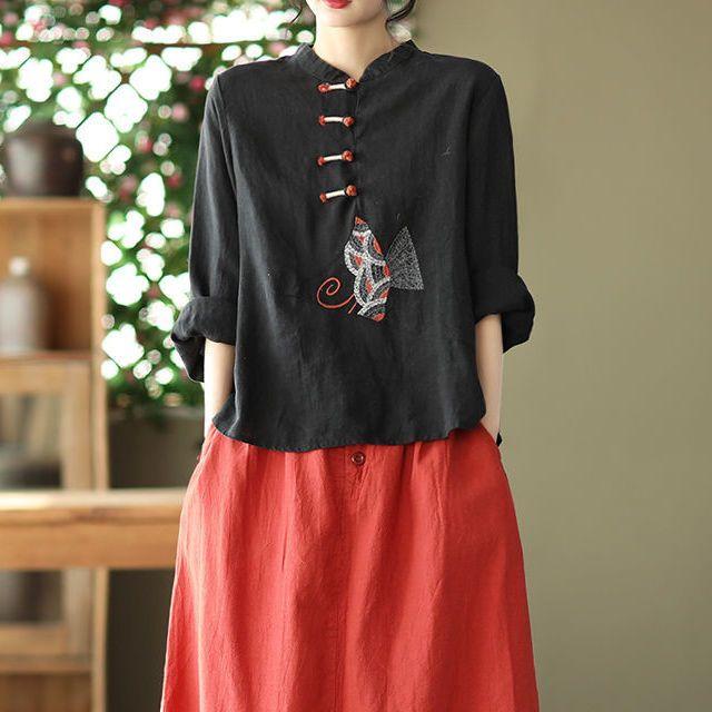 Ethnic Style Large Size Cotton and Linen Shirt Women's Spring and Summer Clothes Style Disc Button Top Literary Embroidery Loose Top Tea Dress Women