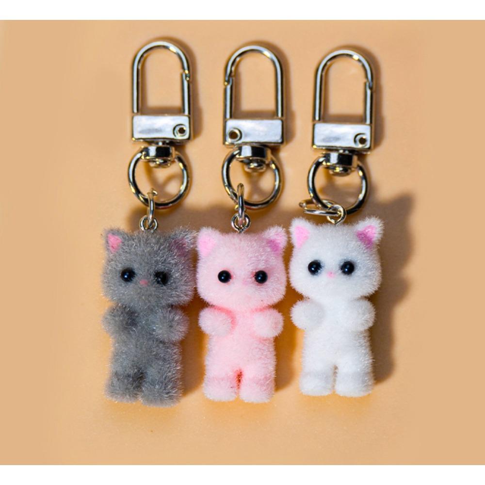 Cute 3D Flocking Kitten Keychain Simulation Animal Hobby Cartoon Doll Girl Keyring Car Bag Purse Phones Pendant Key Ring Gift