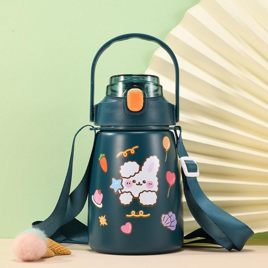 Thermos Cup Large-capacity with Straw& Strap-Food Grade Environmentally Friendly Material 1.1L Water Bottle for Women Men Lar