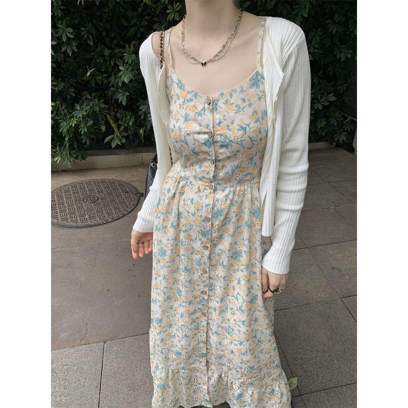 

100.00кг Высокий Экспортный Большой Размер Женская Одежда Бретельки Цветочное Платье Кардиган Мода Ветер Похудение Ретро Тренд White sunscreen Outwear L(Large size)