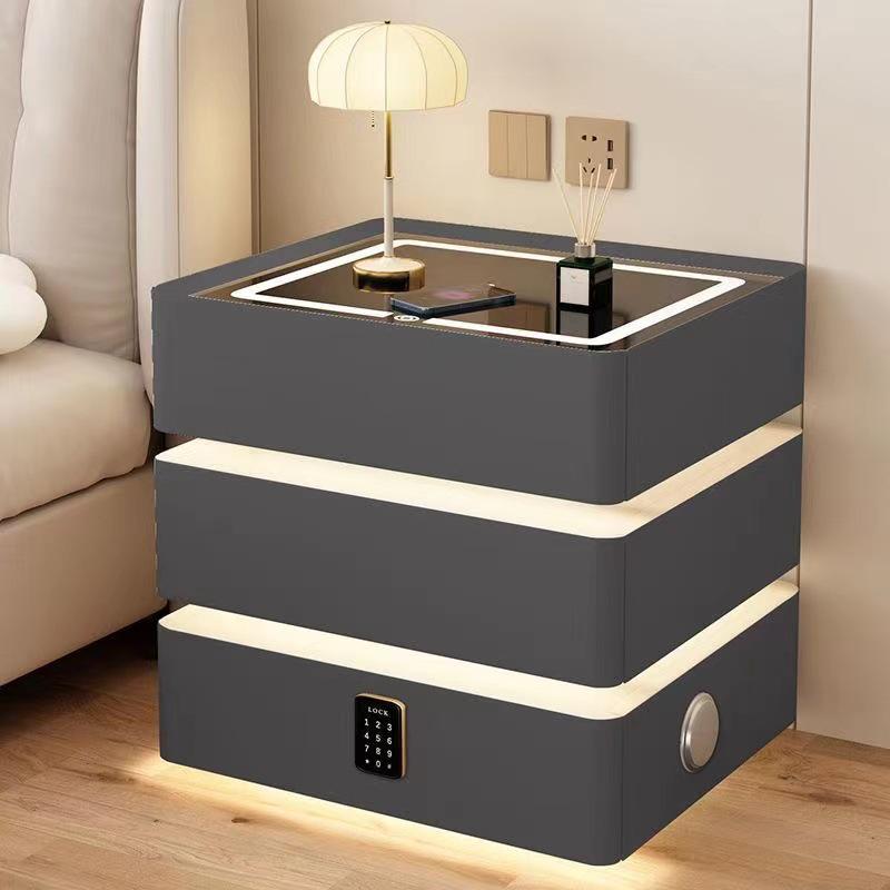 Solid Wood Floating Bedside Table with Wireless Charging & Three Drawers — Modern Light Luxury Bedroom Cabinet
