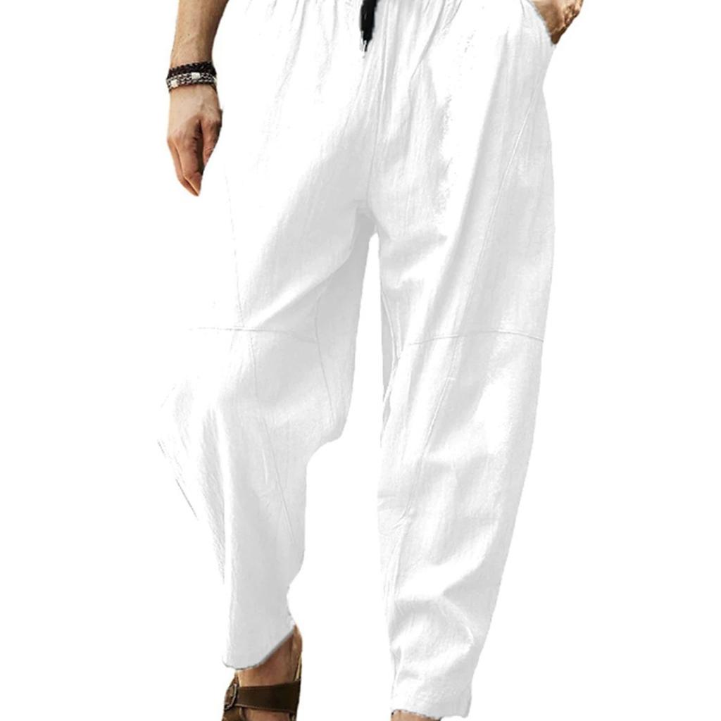Herren-Baumwoll-Leinen-Baggy-lange Hose, weites Bein, elastische Taille, lockere Haremshose