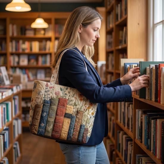 Gesteppte Tragetasche Retro-Print Stoff Pendler-Tote Vintage Leicht Faltbare Handtasche für Damen Tägliche Nutzung Reise Einkaufen