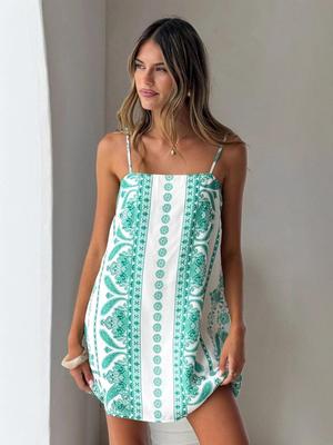 2025 European & American Summer Seaside Vacation Printed Linen Camisole Dress