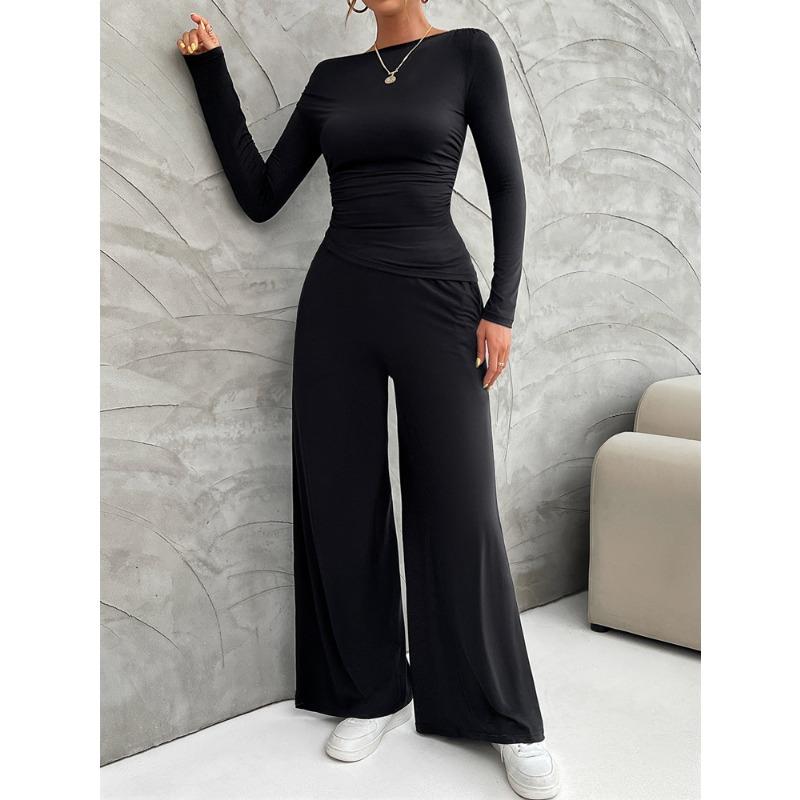 Autumn and Winter Women's Clothing Y2K Slim Long Sleeve Top Wide-leg Trousers Set