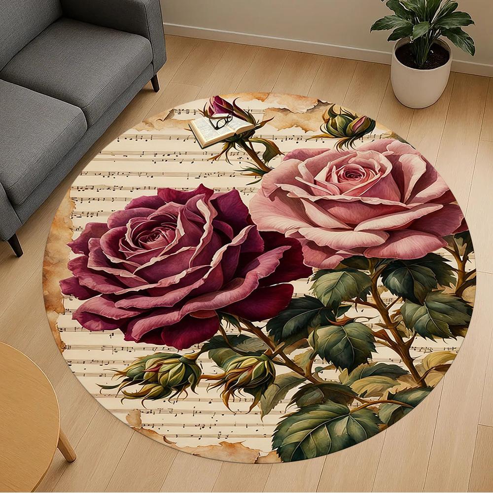 1pc Rose Music Round Chair mat office Area Rug - Non-Slip, Floor Mat for Office, Bedroom, Ideal home decor gift c0112107