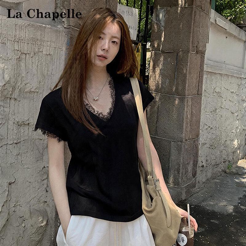 La Chapelle Women s Short Sleeve Lace V-Neck T-Shirt XL