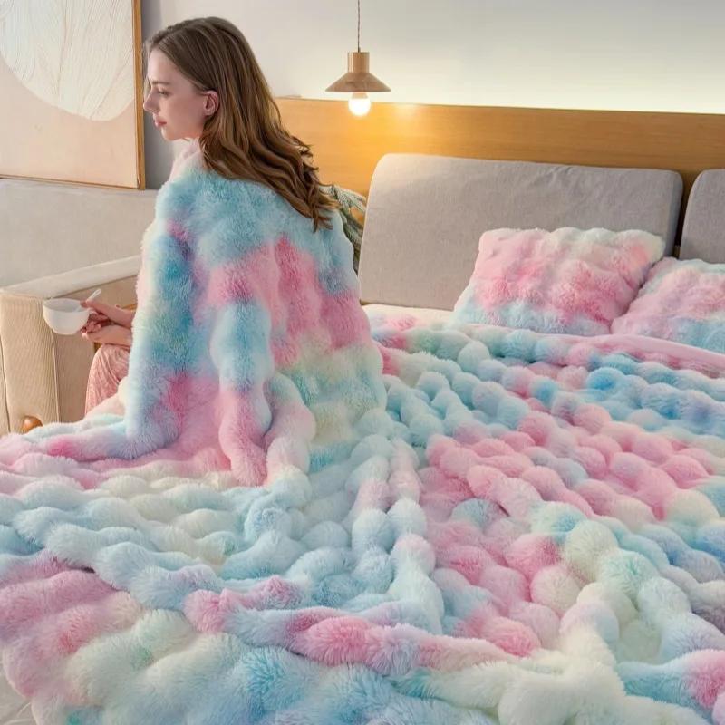 Light Luxury Imitation Rabbit Fleece Blanket Tie-dye Bubble Fleece Double-layer Warm Soft Living Room Bedroom Sofa Blanket