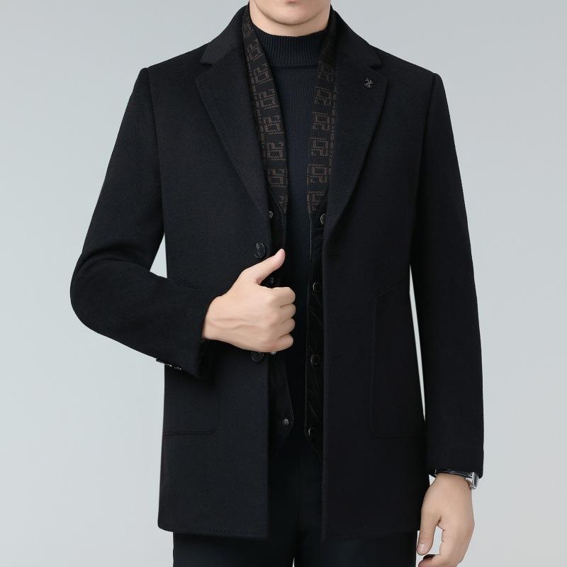 Double-sided cashmere coat for men, mid-length winter daddy outfit, middle-aged woolen scarf collar, thickened down gallbladder coat