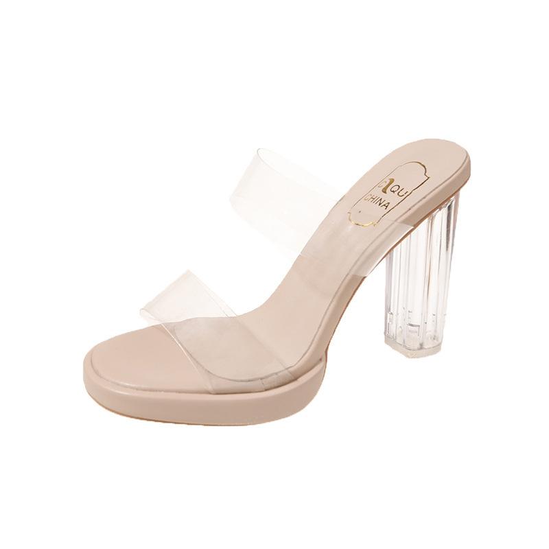 High-heeled slippers women's summer new one-word with PVC outer wear fashion crystal heel