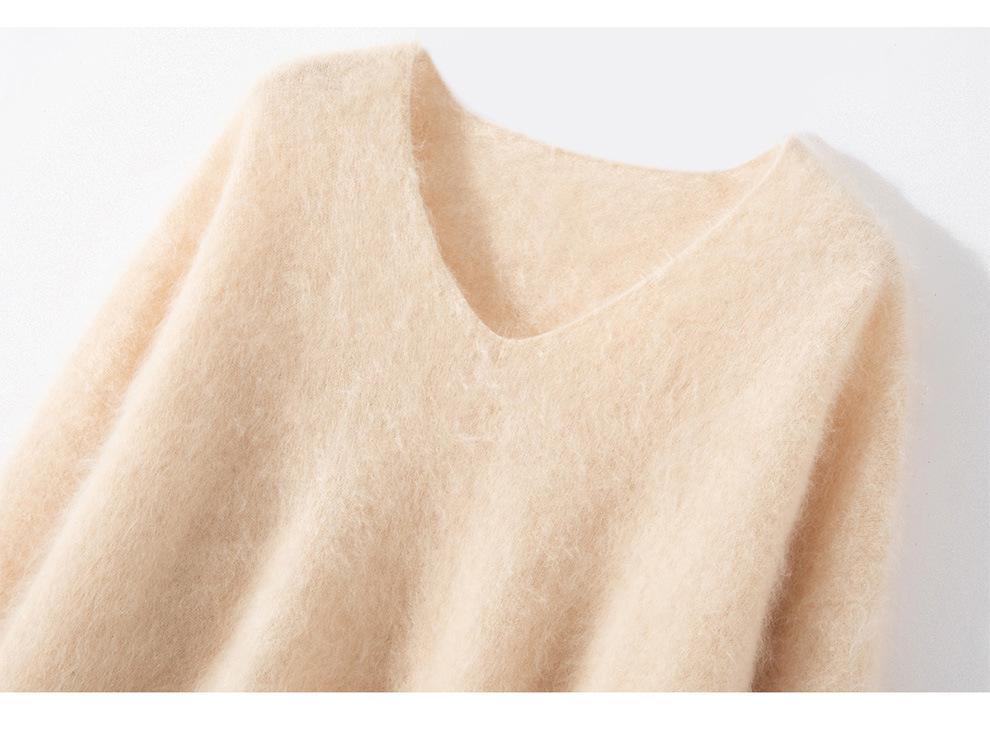 Women's Soft V-Neck Cashmere Pullover - 100% Pure, Fluffy, Seamless, Long Sleeve, Loose Fit, Ideal for Autumn and Winter