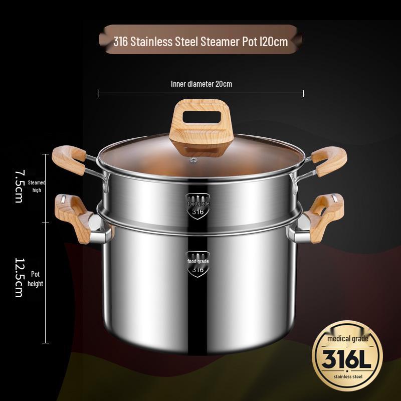 Extra-High 316L Stainless Steel Steamer Pot, Rivet-Free, Anti-Scald, Large Capacity for Porridge/Soup