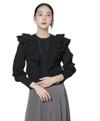 Nano Universe Ruffle Cable Knit F Women's Pullover, 010, Black, 669-5222324
