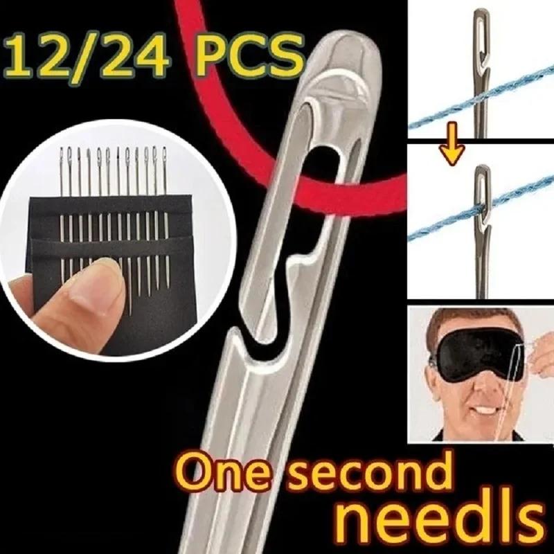 12-48PCS Side Hole Blind Sewing Needles Stainless Steel Self Threading Needle for Elderly Hand Sewing DIY Home Stitching Tool